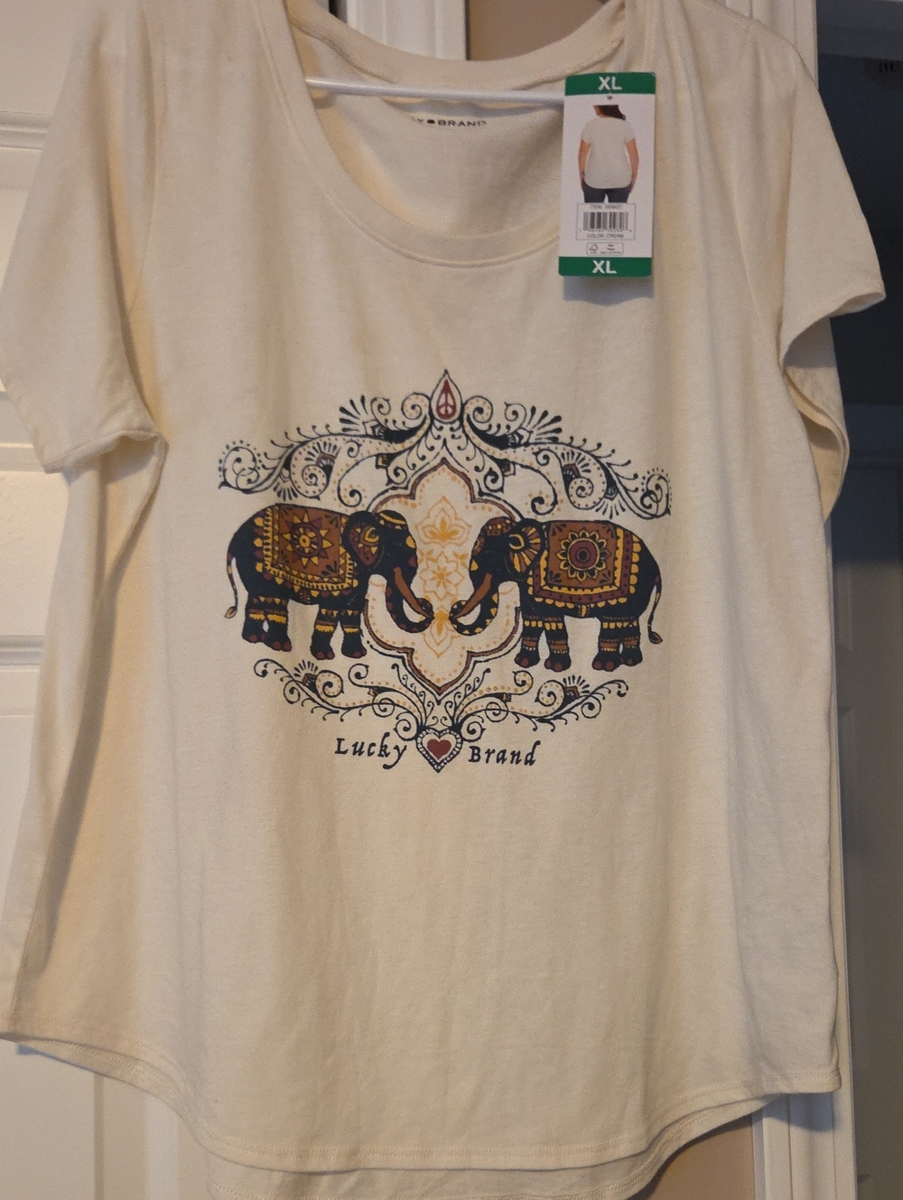 Lucky Brand Cream Tee with Navy and Gold Elephant Print